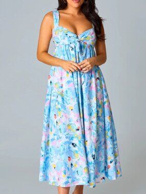 Buddy Love Kenny Watercolor Floral Tie-Front Midi Dress Smoaked Back Size Large